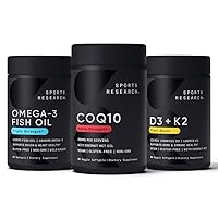Sports Research 1250 mg Omega 3 Burpless Fish Oil from Single-Source Wild Alaskan Pollock, CoQ10 (200mg) Enhanced w/Coconut MCT Oil for Better Absorption and 5000iu Vitamin D with 100mcg Mk7 Vitamin K