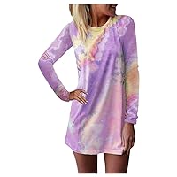 LATINDAY Loose Casual Short/Long Sleeve Tie Dye Ombre Swing T-Shirt Tunic Dress Purple