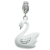 Rhodium-Plated Sterling Silver White Swan Austrian Crystal European Style Dangle Bead Charm
