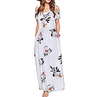 Women's Casual Dresses Cold Shoulder Flower Printed Long Dress Pleated Summer Sundress Daily Wear Streetwear