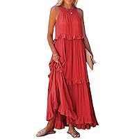 Women Halter Sleeveless Maxi Dress Ruffle Tiered Swing Dress Long Cocktail Solid Irregular Three-Layer Pleated Dress