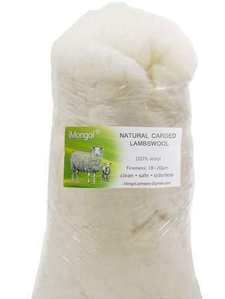 iMongol- Carded Lambs Wool Stuffing Batting for Needle Felting, Knitted Toys, Crafts, Bright Creations, Pillow Filler, Stuffed Animals, Cushions,Super Clean Fine, Natural White(2oz)