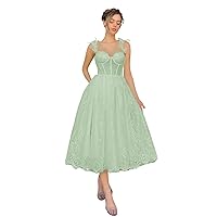 Maxianever Plus Size Lace Tulle Long Prom Dresses Spaghetti Straps Flower Women’s Wedding Gowns Tea Length Corset Sage Green US26W