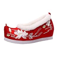 Ankle Strap Women Internal Increased Pumps Ancient Chinese Cocked Toe Woman Shoes Lotus Embroidered Shoe Wedges Red Woolen Cotton 8