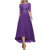 Tea Length Mother of The Bride Dresses for Wedding Lace Applique Scoop Neck Formal Party Evening Proms with Half Sleeve