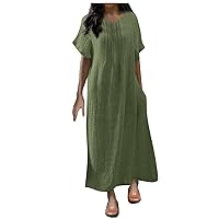 Women's Puff Sleeve Dress Solid Loose Round Neck Short Cotton Hemp Pocket Dress Spring Dresses, S-5XL