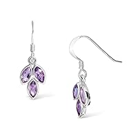 WithLoveSilver 925 Sterling Silver 3 Leaves Leaf Marquise Real stones Dangle Hook Earrings