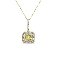 Princess Yellow Sapphire & Natural Diamond Double Halo Pendant 0.36 ctw 14K Yellow Gold. Included 18 Inches Chain