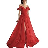 3D Flower Tulle Prom Gowns for Teens 2024 Long Off Shoulder Sweetheart A-Line Puffy Formal Gowns and Evening Dresses Red 12