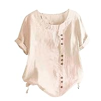 Boho Floral Linen Shirts for Women 3/4 Sleeve Crewneck Oversized T Shirts Loose Casual Blouses Lightweight Trendy Summer Tops