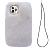Losin Compatible with iPhone 14 Pro Max Case Cute Plush Furry Case with Glitter Lanyard Strap Bling Diamond Camera Lens Protector Soft Winter Warm Plush Fluffy Fur Cover for Women and Girls, White