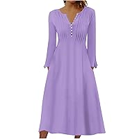 Women's Fall Casual Long Sleeve Solid Maxi Dresses Pleated Front Button V Neck Henley A-Line Dress with Pockets