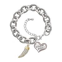 Plated Large Crystal Tooth - Class of 2024 Heart Charm Link Bracelet, 7.25+1.25