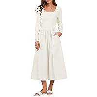 Women's 2024 Long Sleeve Scoop Neck Dress Casual Loose A line Midi Dresses with Pockets
