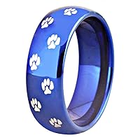 Dog Paw Print Ring 8mm Comfort Fit Silver Tone/Black/Blue Tungsten Carbide Wedding Ring - Free Customized Engraving