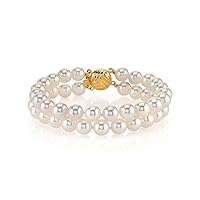 The Pearl Source 14K Gold AAA Quality Round White Double Japanese Akoya Saltwater Cultured Pearl Bracelet for Women