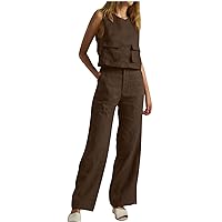 Women 2 Piece Outfits Summer Linen Cargo Style Crop Tank Top with Pockets and Straight Leg Pants Set Tracksuits Sets