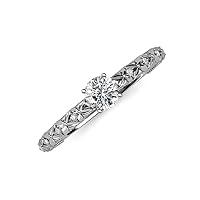 IGI Certified Round Lab Grown Diamond (VS1/F) 0.80 ct Floral Engraved Milgrain Women Engagement Ring 14K Gold