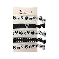 Sportybella Paw Print Hair Ties (Black/White)- Hair Accessories For Girls, Women, Teens & Kids. No Crease Elastic Hair Ties Set w/Paw Print Design. Ponytail Holders for Dog or Cat Lovers, 5pcs.