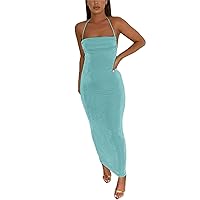 Women Sexy Backless Dress Bodycon Sleeveless Open Back Maxi Dress Out Elegant Party Cocktail Long Dress(Sky Blue,Small)