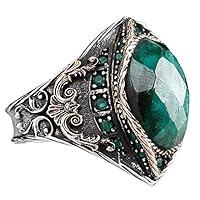 Sterling Silver Men Ring, Emerald Natural Gemstone, Free Express Shipping