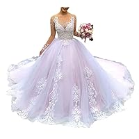 Melisa Illusion Princess Bridal Ball Gowns Plus Size Train Lace Long Sleeve Wedding Dresses for Bride 2023