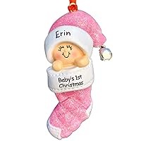 Baby's 1st Christmas, Girl Christmas Ornament - Free Personalization, Ornament Central Baby in Christmas Stocking Pink