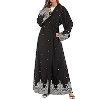 Women Muslim Dress Middle East Arabian Robe Islamic Abaya Long Sleeve Rhinestones Embroidered Cardigan Dress