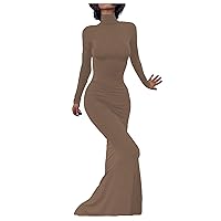 Womens Turtleneck Long Sleeve Bodycon Maxi Dress Elegant Ribbed Slim Fit Long Dress Sexy Basic Party Long Pencil Dress