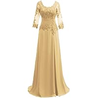 Mother of The Bride Dresses Lace Appliqued 3/4 Sleeves Scoop Long Formal Evening Dress