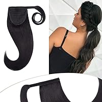 Hairro Ponytail Extensions 100% Human Hair 16 Inch Wrap Around Ponytail Jet Black for Women 80g Long Straight Magic Paste Binding Pony Tail Clip in Hairpiece with Comb #1