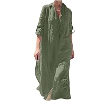 Women Cotton Linen Roll-Up 3/4 Sleeve Kaftan Dress Plus Size Summer Split Front Hem V-Neck Casual Baggy Shirt Dress
