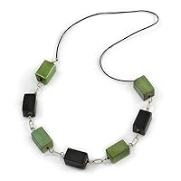 Long Wood Bead with Silver Tone Metal Links Black Rubber Cord Necklace (Glitter Green/Black) - 84cm L