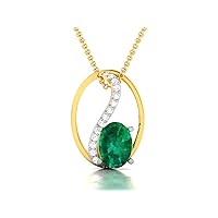 Oval Shape Lab Made Emerald 925 Sterling Silver Pendant Necklace with Cubic Zirconia Link Chain 18