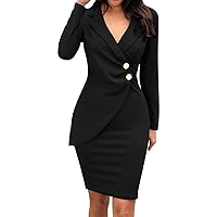 Women's Button Hip Wrap Work Dress, Solid Color Casual Long Sleeve Business Pencil Dress, Cosy V-Neck Office Dresses 2023