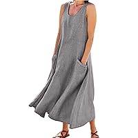 Summer Dresses for Women 2024 Casual Linen Long Tank Sundress Crew Neck Sleeveless Beach Vacation Maxi Dresses with Pockets