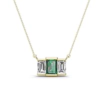 Emerald Cut (6x4 mm) Created Alexandrite & Natural Diamond 1 1/3 ctw Women Three Stone Pendant Necklace 14K Gold