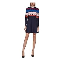 Vince Camuto Womens Navy Knit Textured Ribbed Striped Long Sleeve Crew Neck Short Sweater Dress Petites PXS