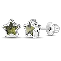 925 Sterling Silver CZ Simulated Birthstone Bezel Set Stars Screw Back Earrings For Toddlers & Little Girls - Sweet Star Shaped Cubic Zirconia Earrings For Girls - Colorful Star Earrings For Preteens