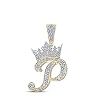 10K Two-tone Gold Mens Diamond Crown P Letter Necklace Pendant 1-1/2 Ctw.