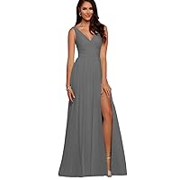 V Neck Bridesmaid Dresses Long Split Chiffon Pleated Wedding Evening Prom Gown for Women Grey Size