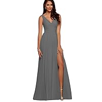 Women's V Neck Chiffon Split Long Bridesmaid Gown 14 Grey