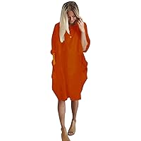 Women Loose Bodycon Drawstring Dress Plus Size Solid Crew Neck Long Sleeve Casual Stretch Short Dresses with Pockets