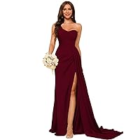 Dessiny Women's Spaghetti Strap Mermaid Bridesmaid Dresses 2024 with Slit Long Ruched Satin Prom Dresses DE94