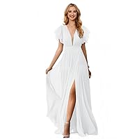 Women's Ruffle Sleeves Bridesmaid Dresses for Wedding 2024 Ruched Chiffon V Neck Long Formal Evening Dresses with Slit