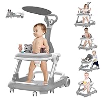 Baby Walker, 5-and-1 Baby Walkers with Wheels, 2-Height Toddler Walker Push with Cushion, Jump Pad, Sunshade, Foldable Baby Walker with Activity Center, Music Disc, Walker for Baby Boy 6-12 Months