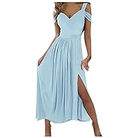 Cold Shoulder Sleeve Cocktail Ladies Drawstring Work Summer Nice Sweetheart Neckline Pleated Relaxed Fit Lightweight Polyester Solid Color Cocktail Lady Sky Blue