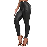 SEASUM Faux Leather Leggings for Women Stretchy High Waisted Butt Lifting Black Pleather Pants Outfit Sexy PU Leggings Tights