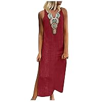 Tank Dresses for Women 2024 Beach Cotton Linen Print Dress Casual Sleeveless Notched Neck Side Slit Maxi Sundresses