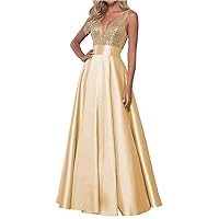 Women's Deep V-Neck Prom Dreesses Long Sequin Beaded Formal Evening Party Gowns